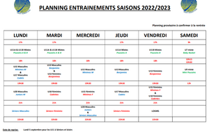 Planning entraînements - Saison 2022-2023